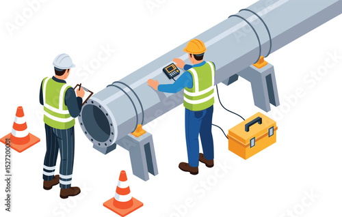 Engineer inspection Technicians testing to weld pipe with ultrasonic method isometric isolated illustration