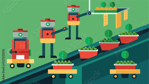 An assembly line of robotic seed planters being loaded with seeds ready to be deployed to different sections of the farm.. Vector illustration