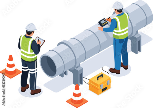 Engineer inspection Technicians testing to weld pipe with ultrasonic method isometric isolated illustration