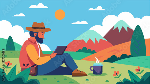 The nomad took breaks from work to step outside and wander through the idyllic countryside often finding inspiration for their projects in the serene surroundings.. Vector illustration