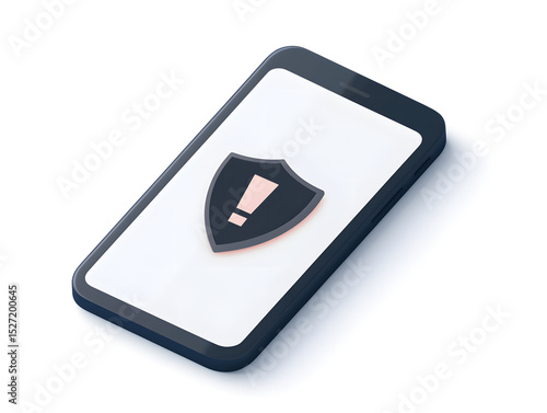 Smartphone security alert icon on screen, digital protection concept, mobile device with shield and exclamation mark, isolated on white background, 3d illustration