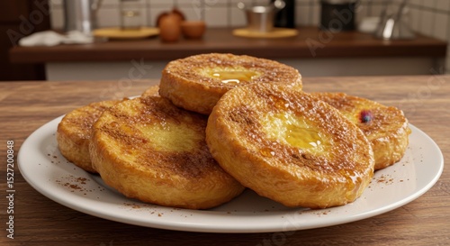 Deliciously golden, syrup-drizzled pastries on a white plate in a cozy kitchen setting