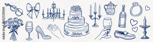 Elegant wedding celebration icons, vector set