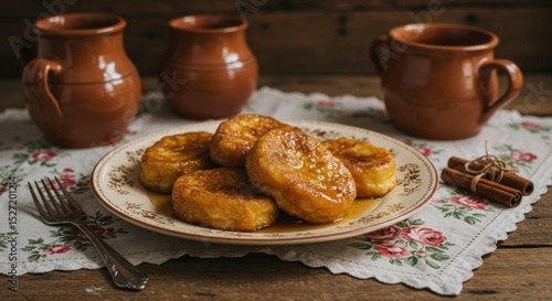 Delicious golden-brown pastries arranged on a decorative plate, set on a rustic table with clay mugs