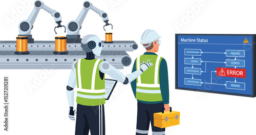 AI assistant identifying machine error on smart production line and guiding technician for timely maintenance and efficient troubleshooting in industrial automation system