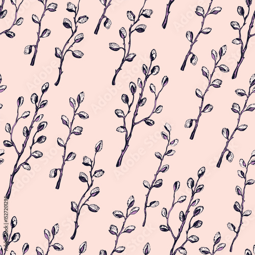 Spring seamless pattern with sprigs of willow. Easter hand drawn vector illustration, holiday background. Branch with pussy willow buds. Design for banner, poster, card, paper.