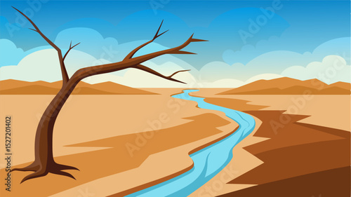 A withered tree branch reaching out over the dry riverbed a symbol of the rivers struggle to survive in the unforgiving climate.. Vector illustration
