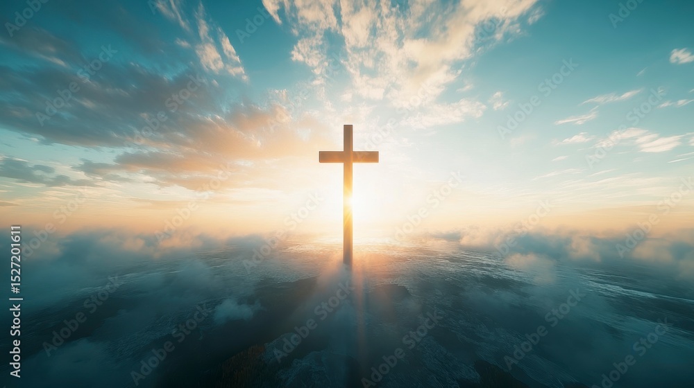 Sunrise behind a wooden cross atop clouds. Sunrise behind a wooden cross atop clouds.
