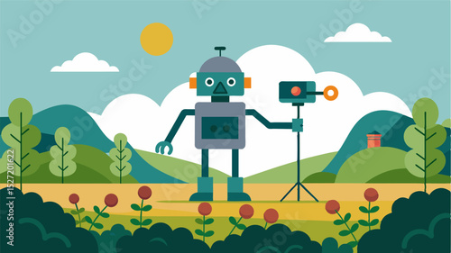 A robot equipped with a camera and sensors moves along the vines detecting disease and pests in realtime to prevent crop damage.. Vector illustration