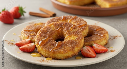 Deliciously glazed cinnamon sugar donuts served with fresh strawberries on a rustic table