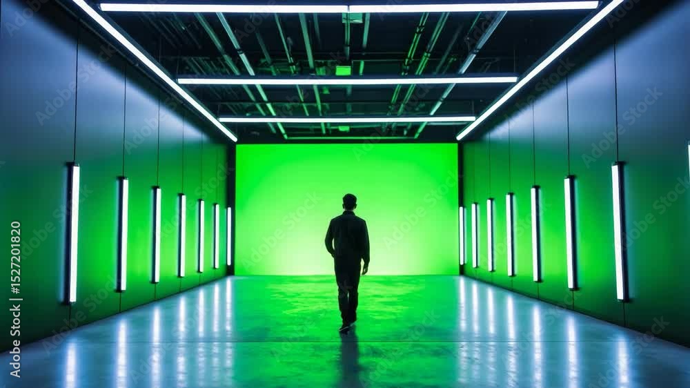 Man standing in a dark room with green lighting creating a mysterious and artistic atmosphere Man standing in a dark room with green lighting creating a mysterious and artistic atmosphere