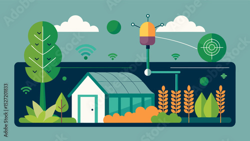 An AIpowered greenhouse consistently produces highquality crops by precisely tracking and adjusting nutrient levels based on realtime data and weather predictions.. Vector illustration