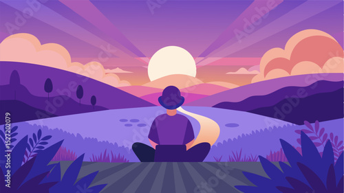 The sun setting over the rolling hills of a lavender field with a silhouette of a person working on a laptop in the distance.. Vector illustration