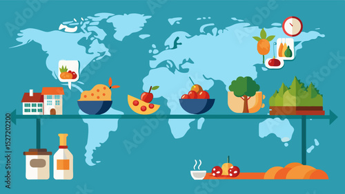 A timeline of significant food crises in different regions of the world with a common factor of climate change highlighted.. Vector illustration