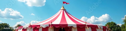 Striped circus tent, brilliant blue sky above, landscape, canvas, stunning