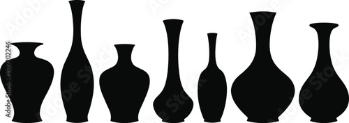 Collection of black vase silhouettes in various elegant shapes. Vector icons isolated on transparent background, perfect for home decor, pottery, and design themes.