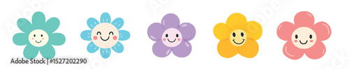Colorful smiling cartoon flowers, element vector set