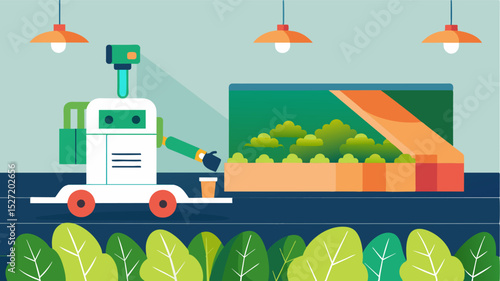 As a robotic harvester glides through an indoor farm its advanced sensors detect and remove any weeds or unwanted plants without the lettuce crop.. Vector illustration