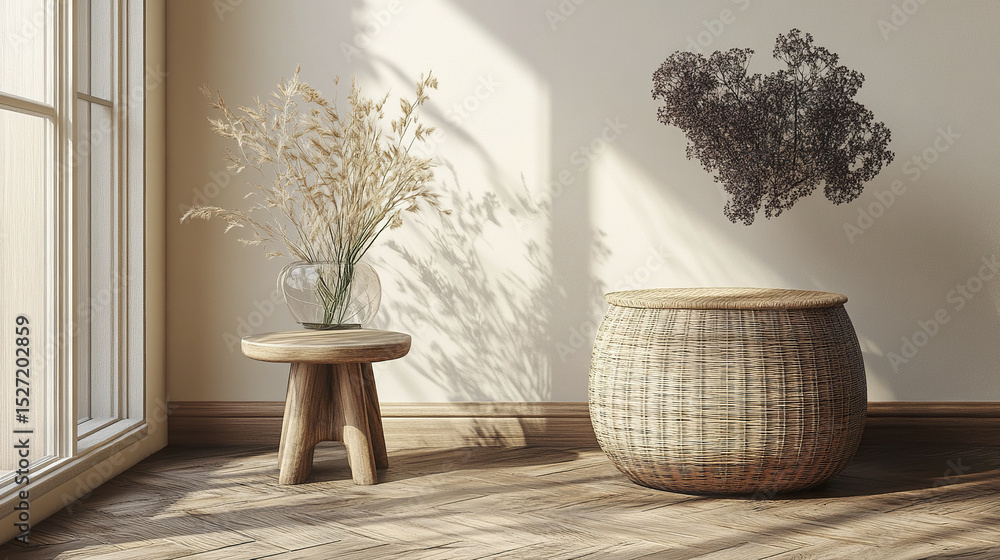 Fototapeta premium serene interior featuring wooden side table and woven basket, complemented by dried flowers