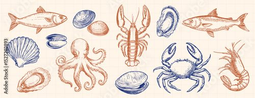 Vintage seafood illustration collection, element vector set