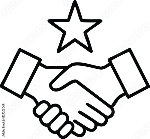 Business Partnership Icon with Star – Handshake Line Art Vector Illustration.