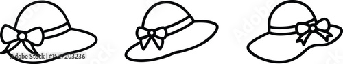 Cute Women’s Hat Icons with Bow – Outline Vector Set. Summer Sun Hat with Bow Icons.