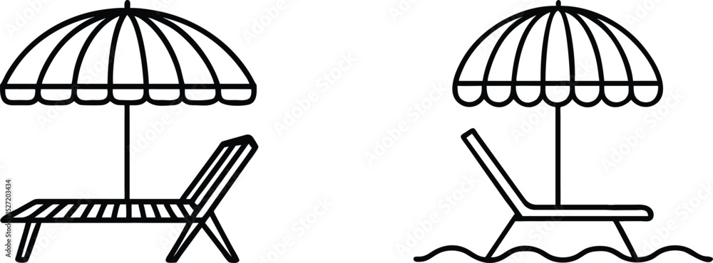 Fototapeta premium Beach Chair and Umbrella Line Icon Set – Summer Vacation Vector. Beach Holiday Concept. 
