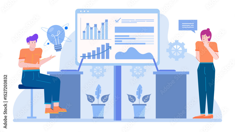 Man and woman discussing business graphs. Suitable for financial presentations, office meetings, teamwork, corporate communication, business analysis concepts. Man and woman discussing business graphs. Suitable for financial presentations, office meetings, teamwork, corporate communication, business analysis concepts.
