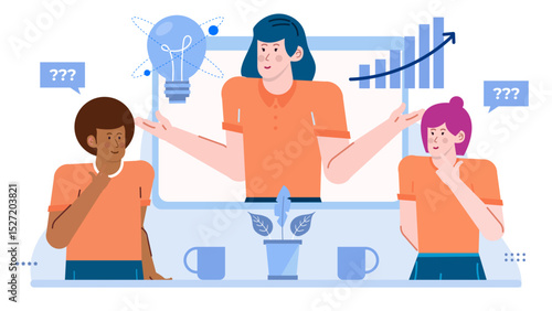 Three people in an online meeting, suitable for illustrating remote work, virtual conferences, team collaboration, webinars, and telecommuting concepts.