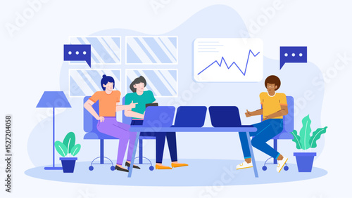 Three business professionals in an office meeting discussing business strategy. Perfect for corporate presentations, website graphics, and team collaboration concepts.