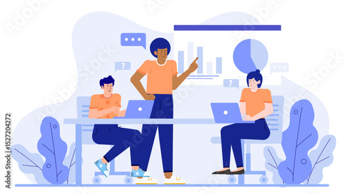 Three people working on laptops and looking at a chart. Ideal for business, teamwork, collaboration, working remotely, data analysis.