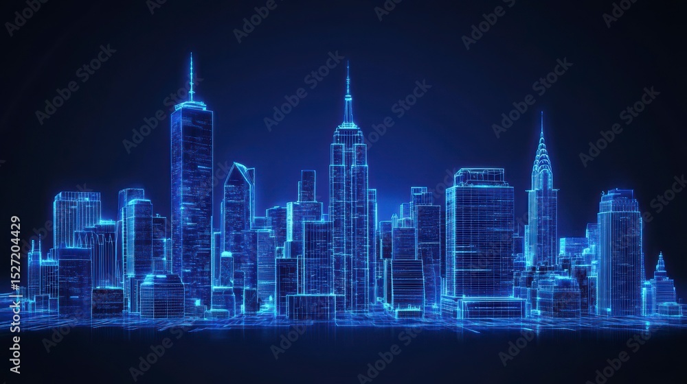Futuristic wireframe cityscape at night, glowing blue lines depict buildings. Futuristic wireframe cityscape at night, glowing blue lines depict buildings.