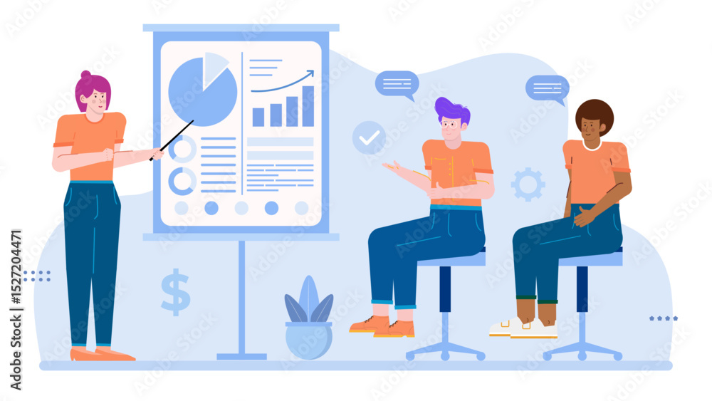 Person presenting charts to two people. Suitable for business presentations, financial reports, data analysis discussions, teamwork. Person presenting charts to two people. Suitable for business presentations, financial reports, data analysis discussions, teamwork.