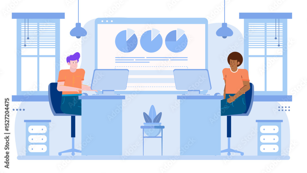 Obraz premium Two people working at desks in an office setting, illustrating teamwork, collaboration, work environment, corporate lifestyle, professional workplace.