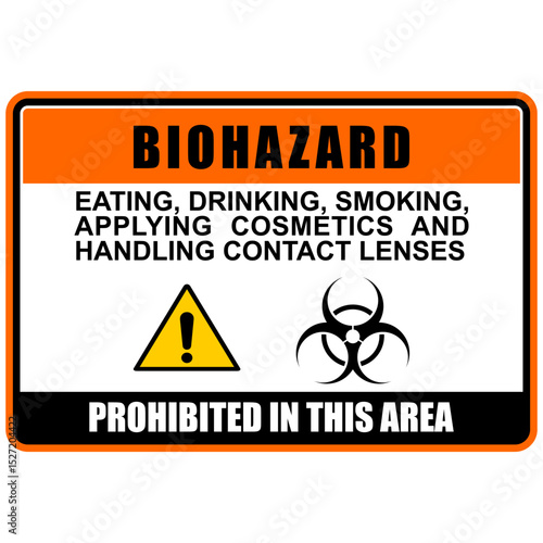 Biohazard, prohibited in this area, no eating, drinking, smoking, applying cosmetics and handling contact lenses, poster vector