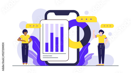 Two people analyzing charts on a phone, perfect for finance and technology related concepts, teamwork, research, business meetings, and digital communication.