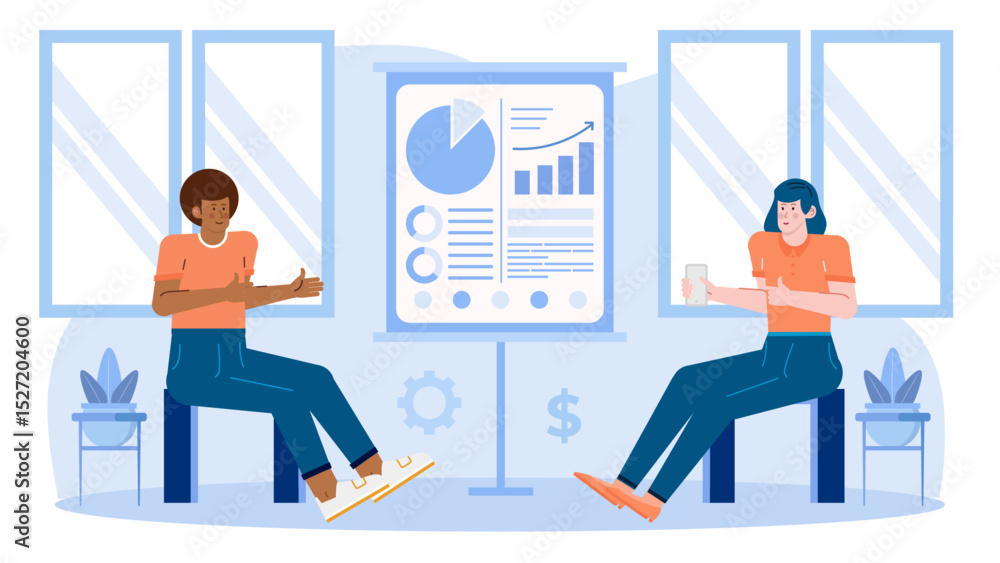 Two people discussing a business plan with graphs, suitable for business presentations, financial reports, teamwork concepts, strategic planning visuals. Two people discussing a business plan with graphs, suitable for business presentations, financial reports, teamwork concepts, strategic planning visuals.