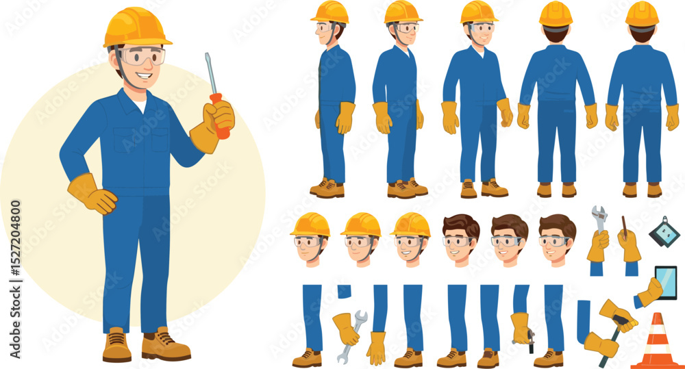 Technician worker wearing helmet, overall uniform, protective goggles. Character constructor for animation. Front, side and back view set Technician worker wearing helmet, overall uniform, protective goggles. Character constructor for animation. Front, side and back view set