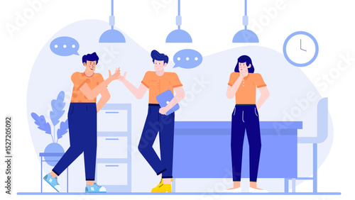 Three people in office setting with table and chair. Great for business, workplace, team, collaboration, office, management concepts.