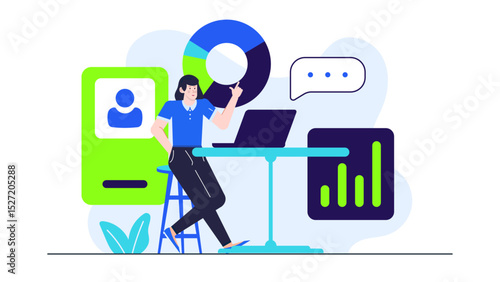 Woman pointing at a pie chart on a stool, illustrating financial presentation or data analysis concepts for business or education.
