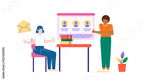 Man and woman discussing a website, suitable for presentations, articles, websites, or blogs on teamwork, technology, or web development.