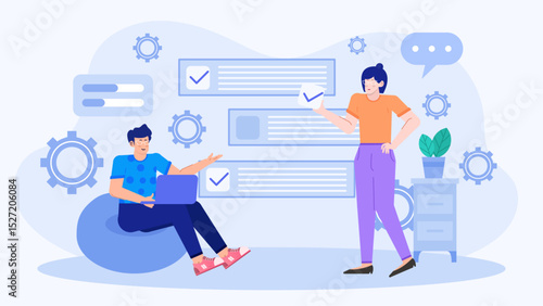 Two people collaborate on project work. Suitable for teamwork, collaboration, business partnership concepts in presentations, articles, or social media.