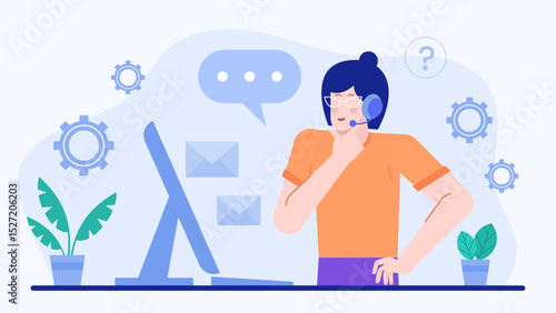 Woman with headset working on computer, suitable for customer service, virtual assistant or remote work concept designs and projects.