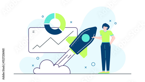 Person next to rocket, chart. Ideal for science, technology, innovation concepts in presentations, blogs, websites, or social media posts.