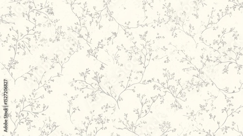 62.A seamless floral pattern with tiny hand-drawn flowers, delicate branches, and fine leaves arranged in a soft abstract design on a light cream background with subtle texture.