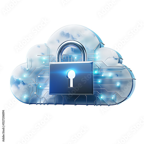 Cloud with lock icon, secure cloud storage concept, isolated on white background