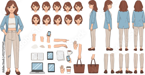 Young casual business woman character constructor for animation. Front, side and back view set.