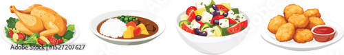 Illustration of roast chicken, curry, salad, and nuggets with sauce on plates, vector set