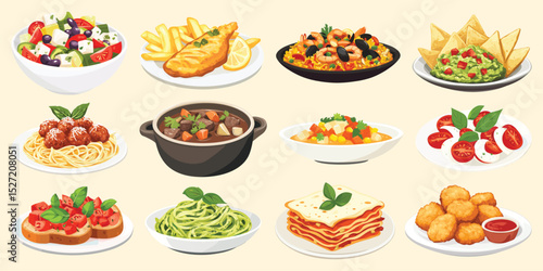 Illustration of various international dishes including pasta, paella, and lasagna, vector set