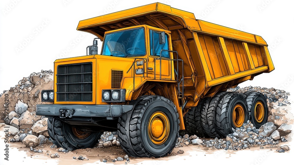 Obraz premium Detailed Illustration of a Yellow Dump Truck in a Rocky Setting